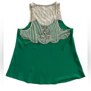 Petticoat Alley emerald green sheer top with gold sequins and beading M